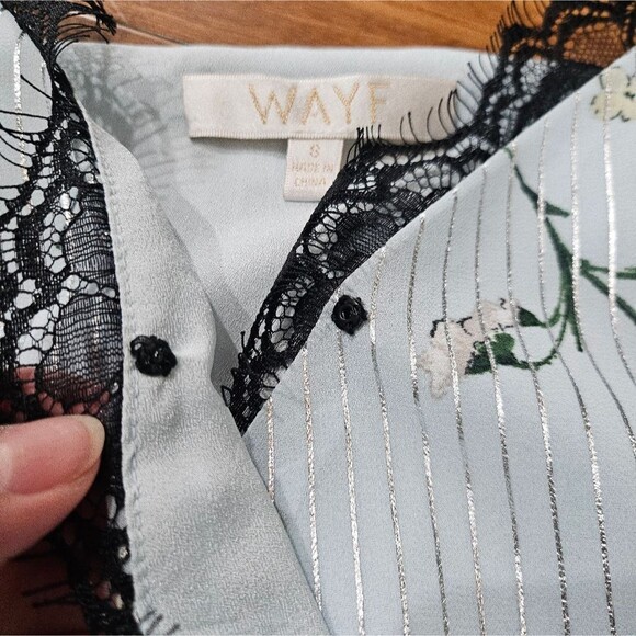 Wayf Blue Lizzie Eyelash Lace Surplice Floral Bodysuit Metallic Pinstripe Size S - Picture 5 of 9